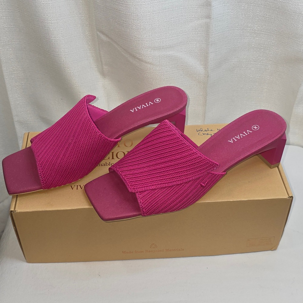 Vivaia Jade Pitaya Magenta Pink Ribbed Knit Block Heel Mules Sandals EU 38
